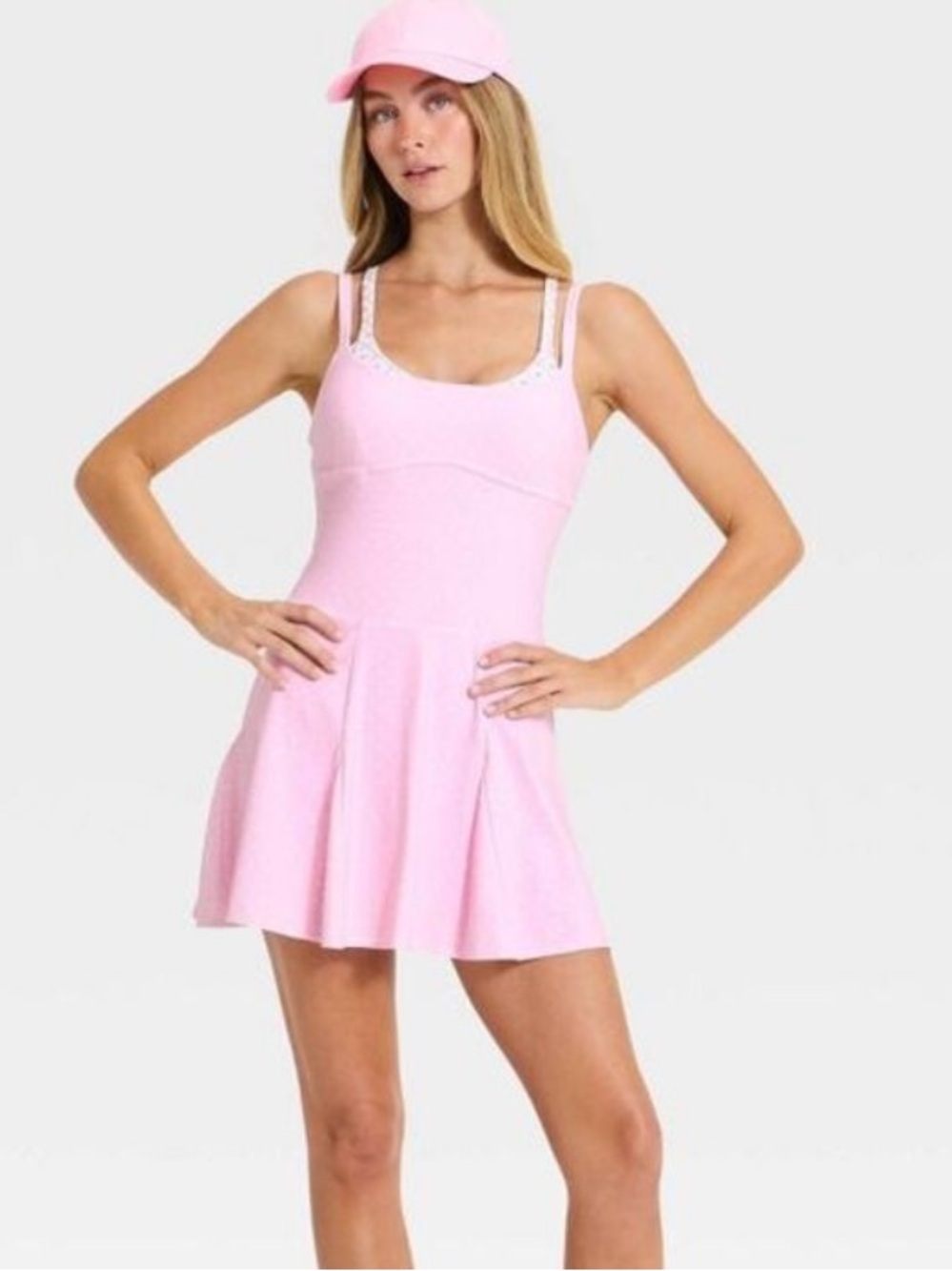 JoyLab Women's Knit Double Layer Active Dress, XXL - Light Pink Polka Dot